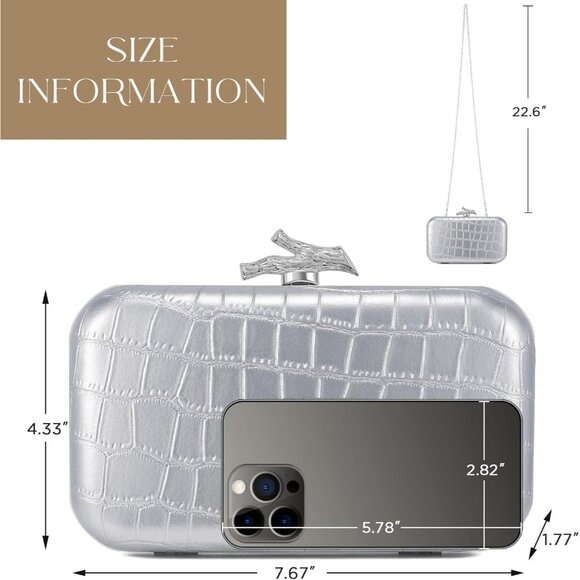 Women's Silver Crocodile Leather Formal Evening Shoulder Clutch Chain Strap Bag - Picture 4 of 6